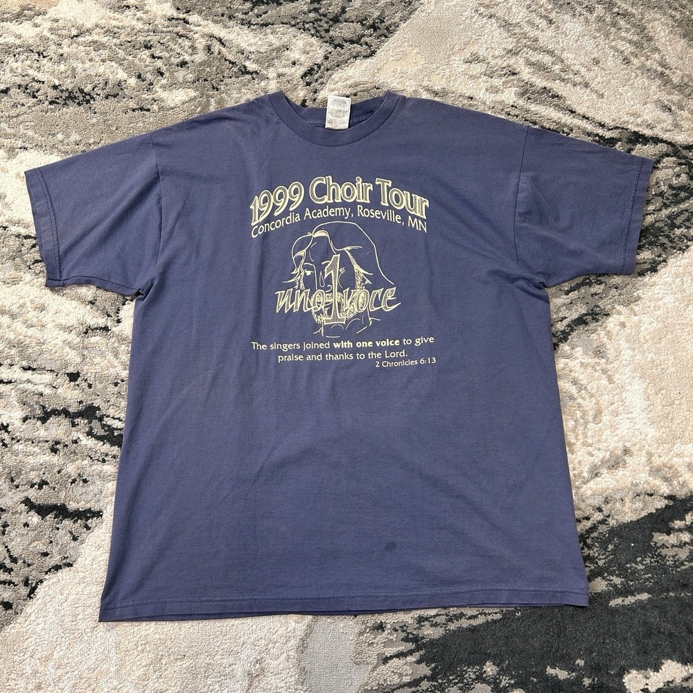 Vintage Jesus Tee 1999 Concordia Academy‎ Choir Tour Uno Voce T-Shirt Blue XL